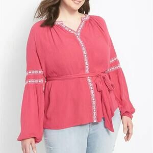 NWT Lane Bryant Belted Split Neck Boho Chic Embroidered Peasant Blouse
